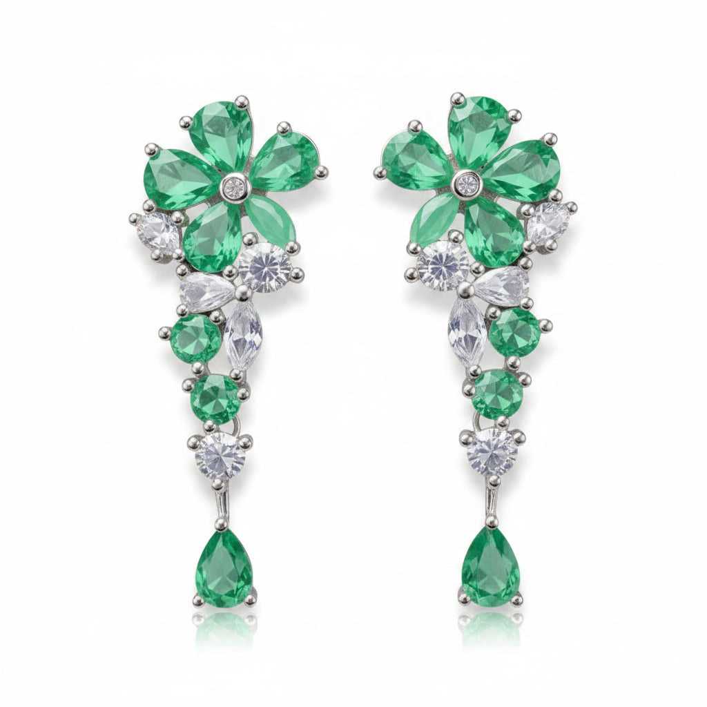 Colombian Emerald Flower Dangle Earrings, Women's Natural Emerald Earrings