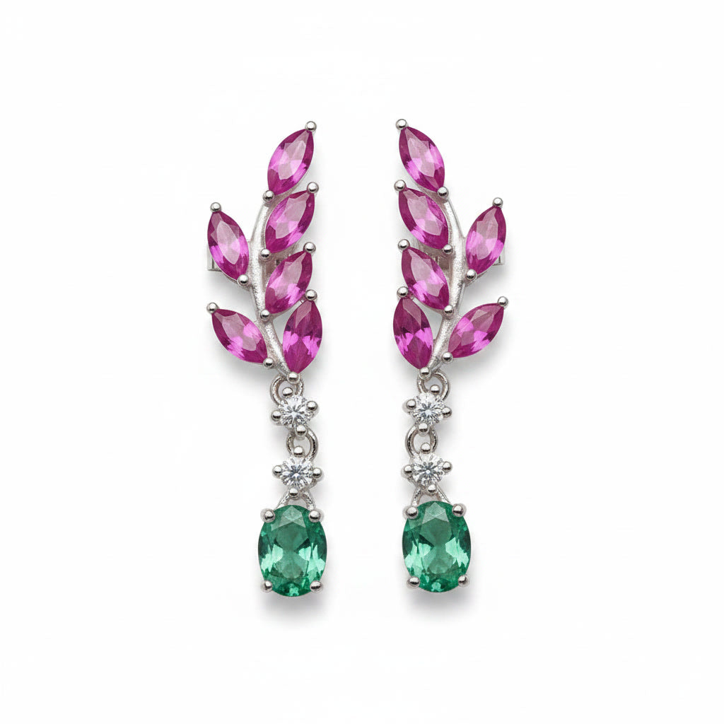 Colombian Emerald and Burma Ruby Leaf Earrings, Emerald and Ruby Stud Earrings