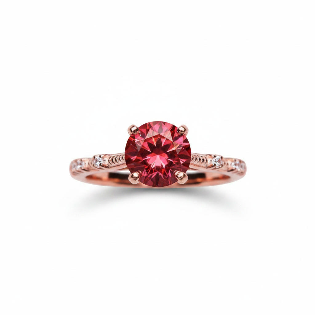 1 carat 6.5mm round Watermelon Red moissanite crown setting ring with cubic zirconia accents in rose gold plated sterling silver on a white background