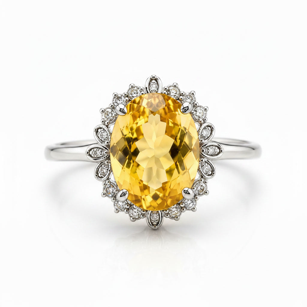 Top view of 6 carat natural citrine gemstone ring with CZ halo