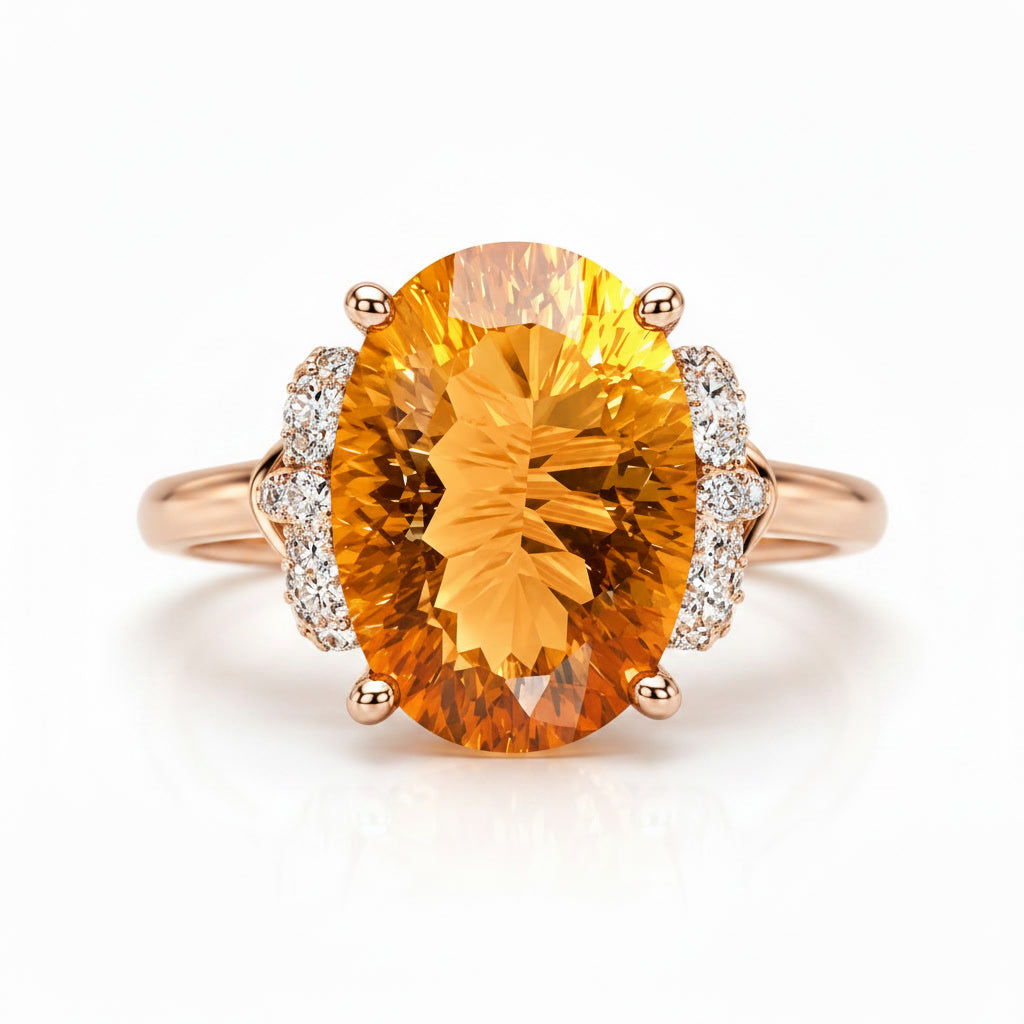 Top view of 6 carat natural citrine ring with sparkling side stones