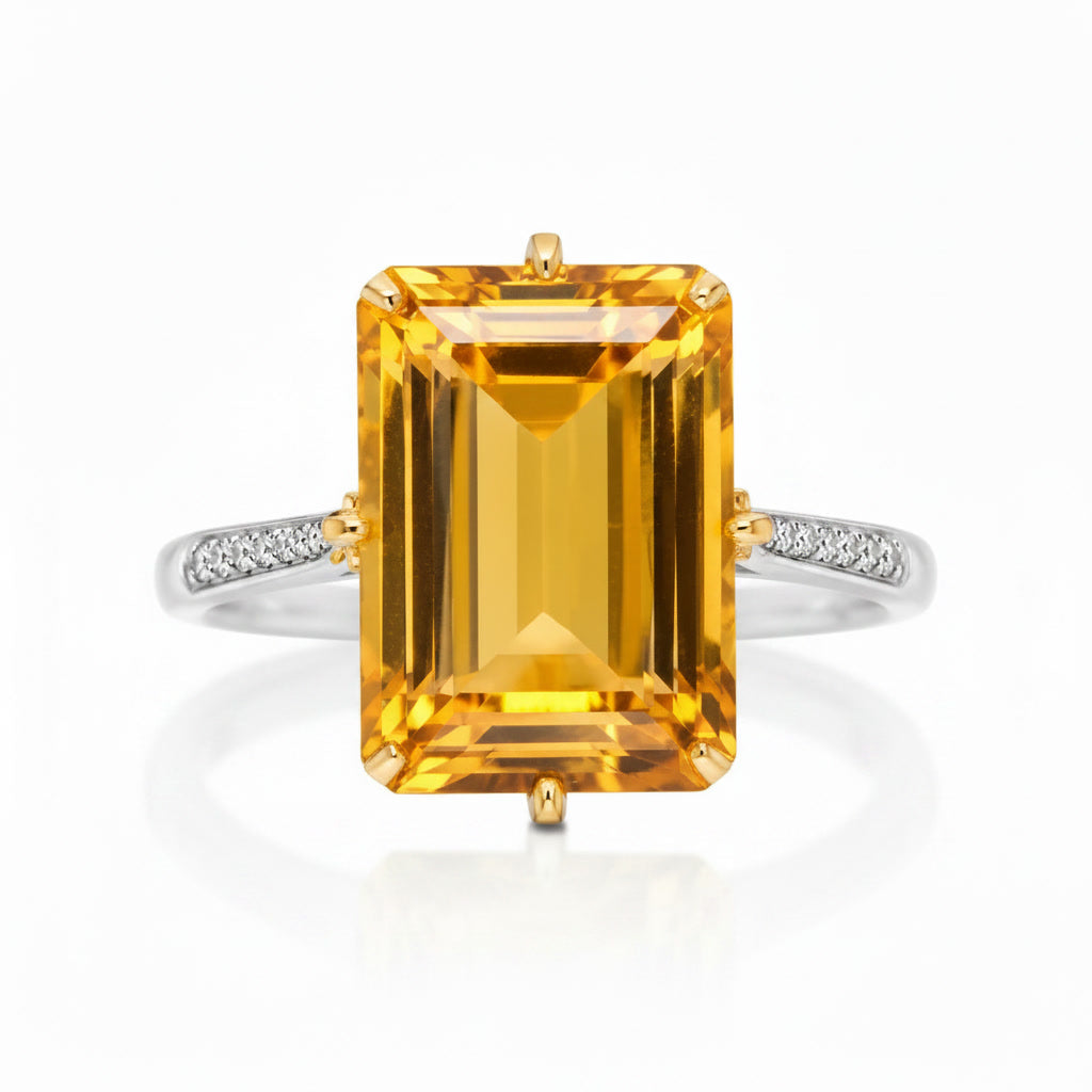 Top view of natural 10x14mm emerald cut citrine statement ring