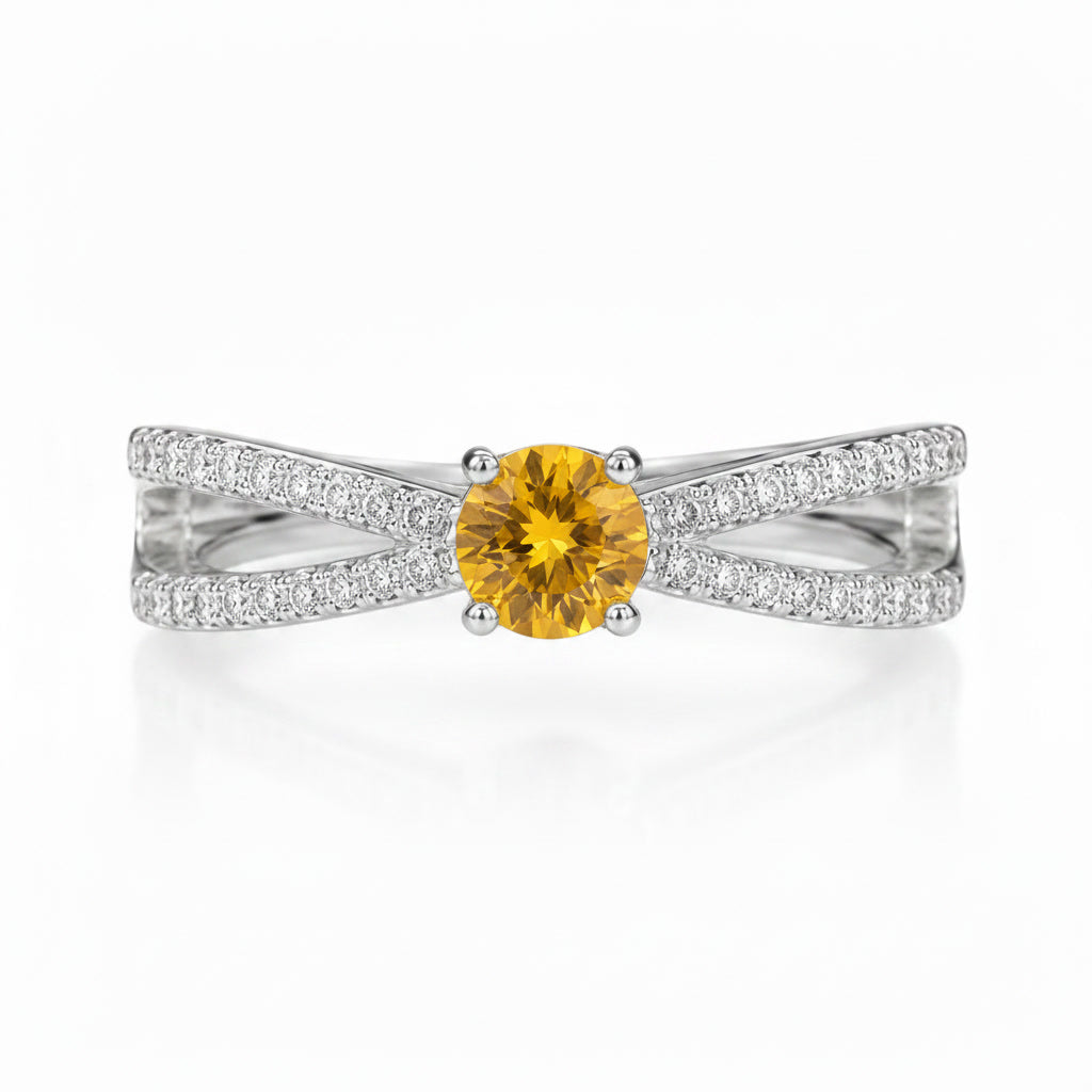 Top view of 4mm natural citrine ring with sparkling crossover band