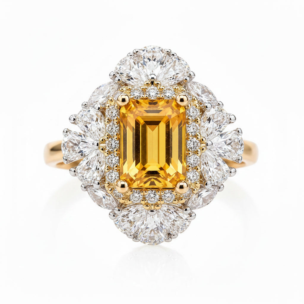 Top view of natural emerald cut citrine ring with sparkling floral halo