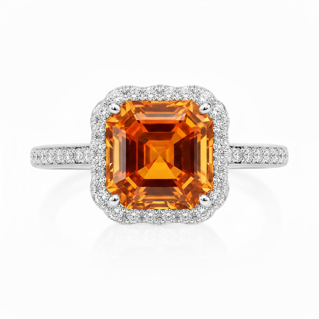 Top view of natural 10mm Asscher cut citrine gemstone and sparkling CZ halo ring