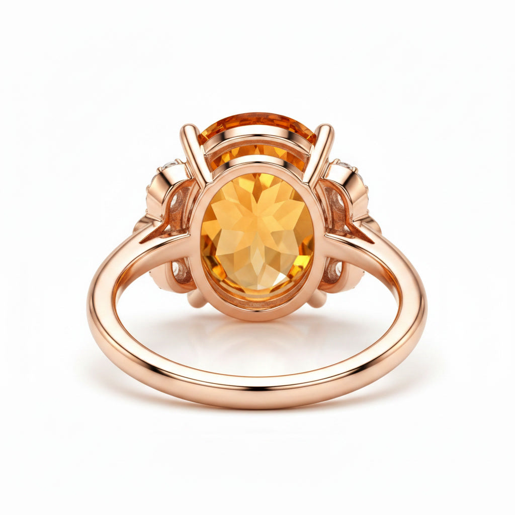 Side profile of 10x14mm natural citrine ring in rose gold plated sterling silver