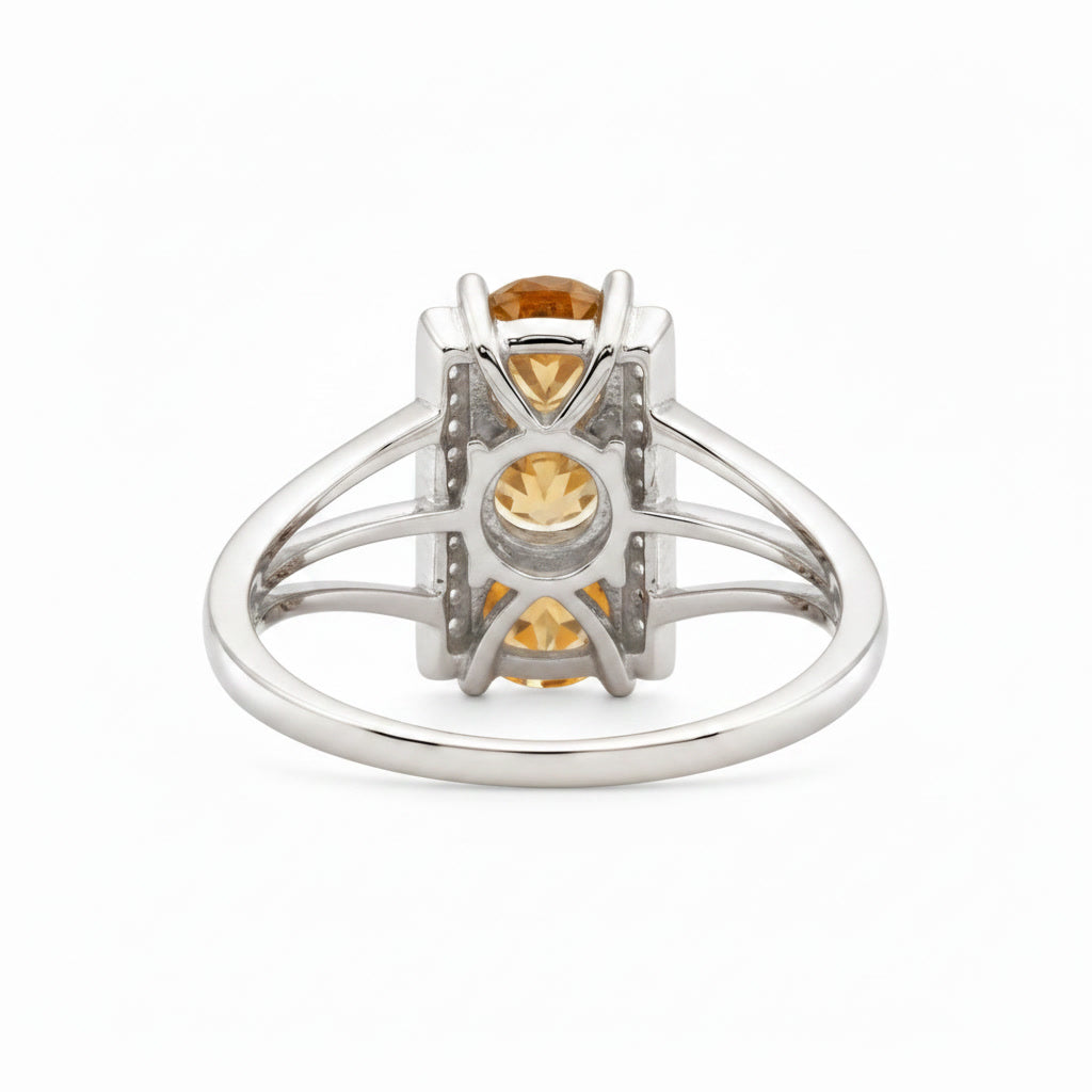 Side profile of natural citrine three stone ring with split shank