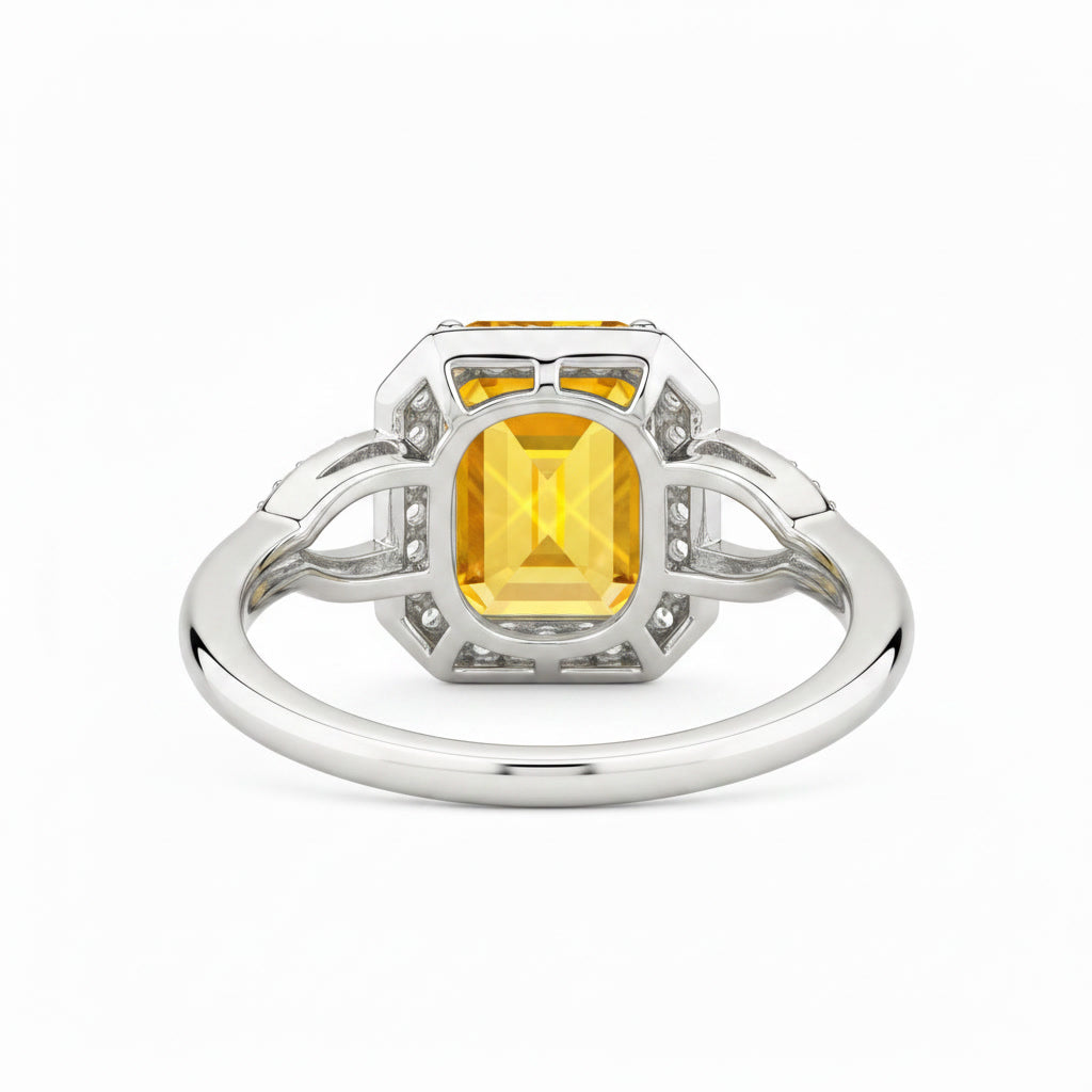 Side profile of natural emerald cut citrine halo and split shank ring