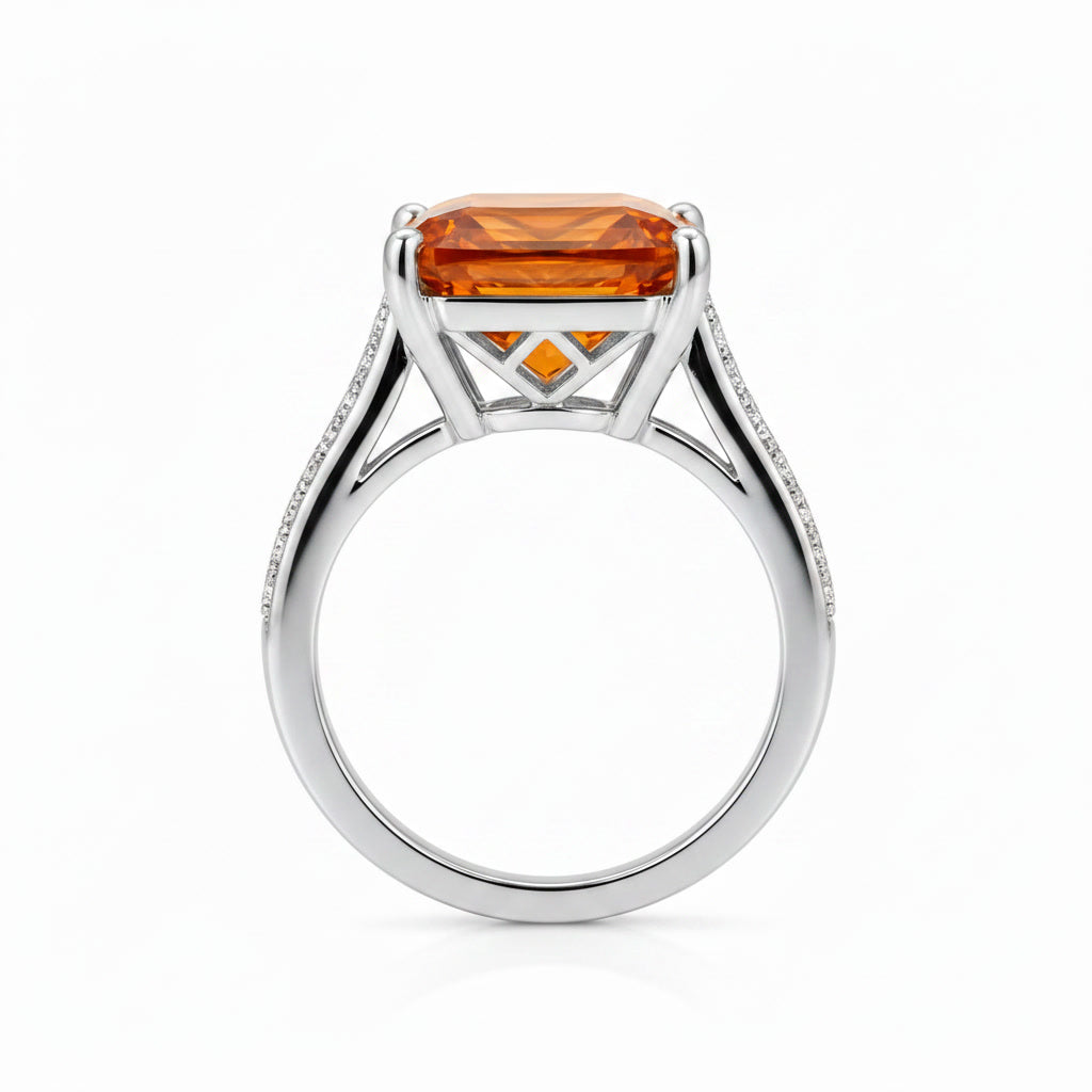 Side profile of large natural Asscher cut citrine ring in sterling silver