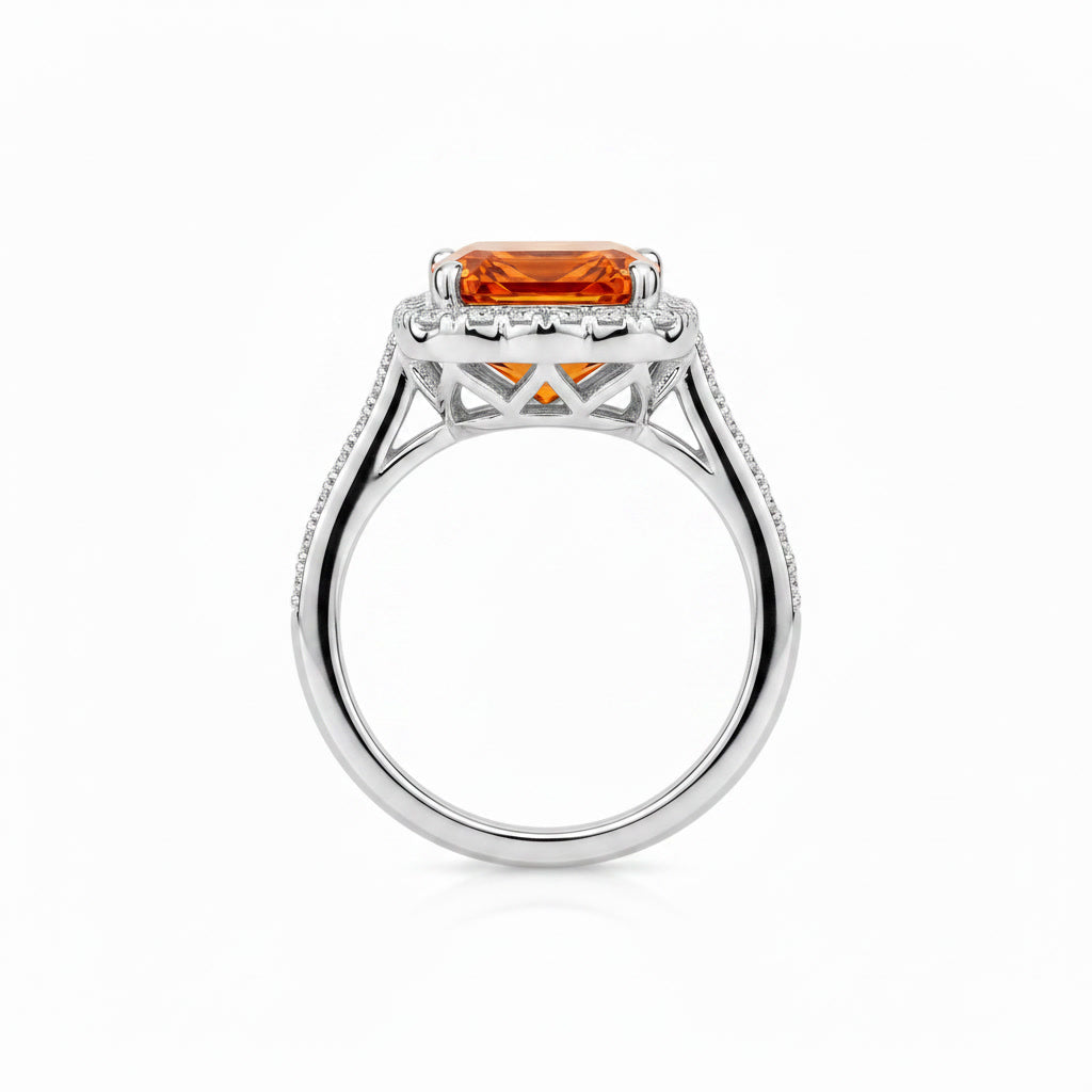 Side profile of natural Asscher cut citrine halo ring in sterling silver