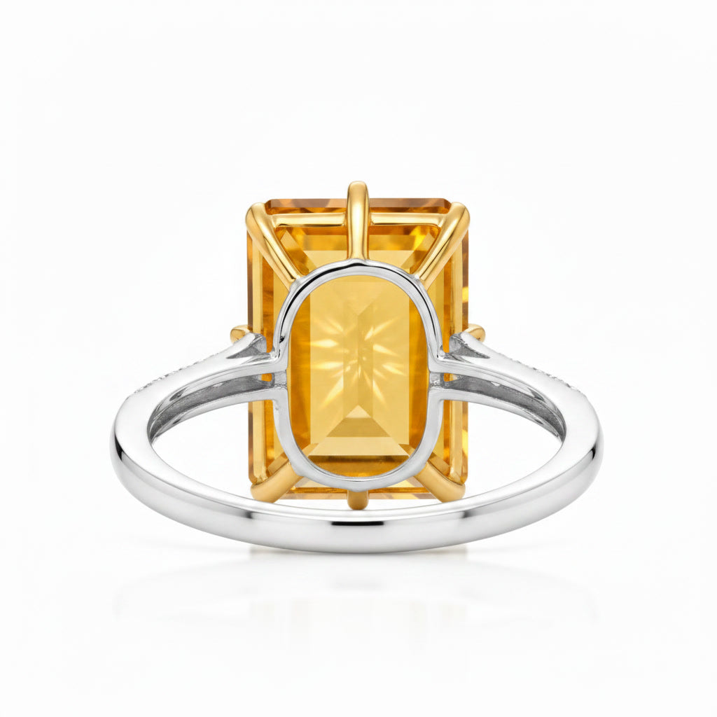 Side profile of large natural emerald cut citrine ring in sterling silver