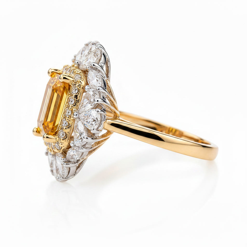 Side profile of 5x7mm natural citrine floral halo ring in sterling silver