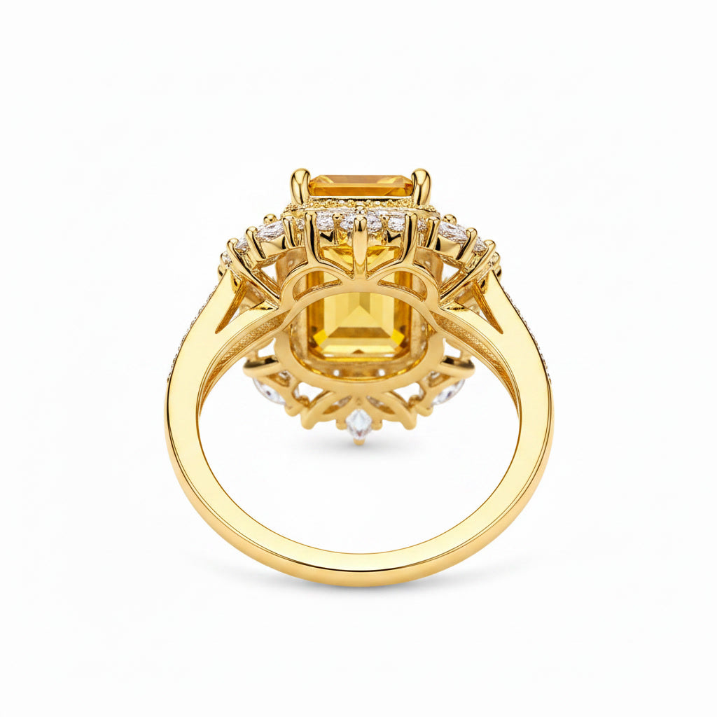 Side profile of gold plated 925 sterling silver natural citrine statement ring