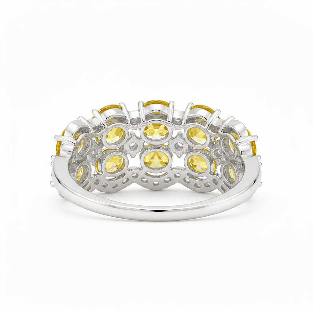 Natural yellow citrine double row band with 3x4mm oval gemstones and CZ accents side view