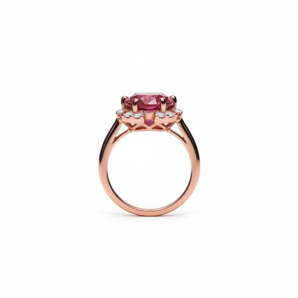 2 carat watermelon red round moissanite flower ring with cubic zirconia halo in rose gold plated 925 sterling silver on a white background