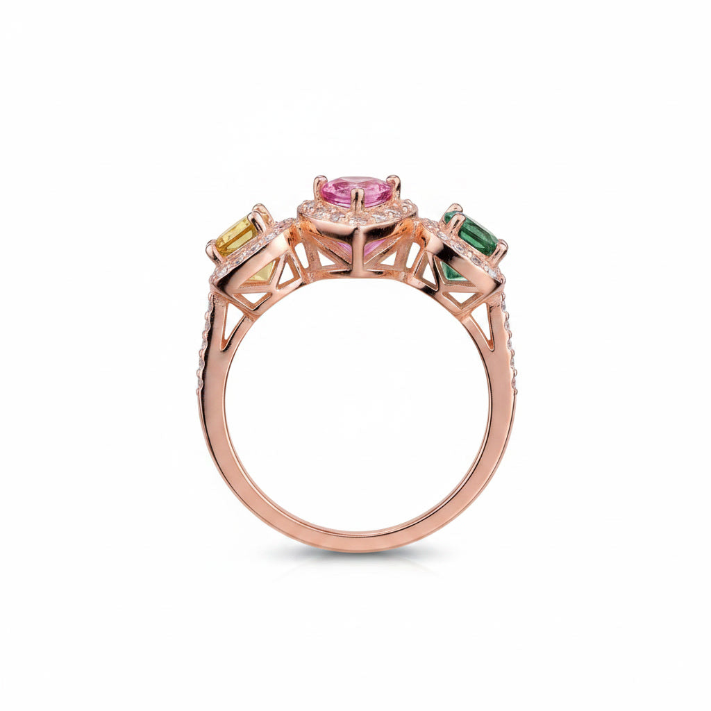 Natural Brazilian Multi Tourmaline Ring with emerald-cut, heart, and oval gemstones in 925 sterling silver with cubic zirconia accents by PHIMSERA