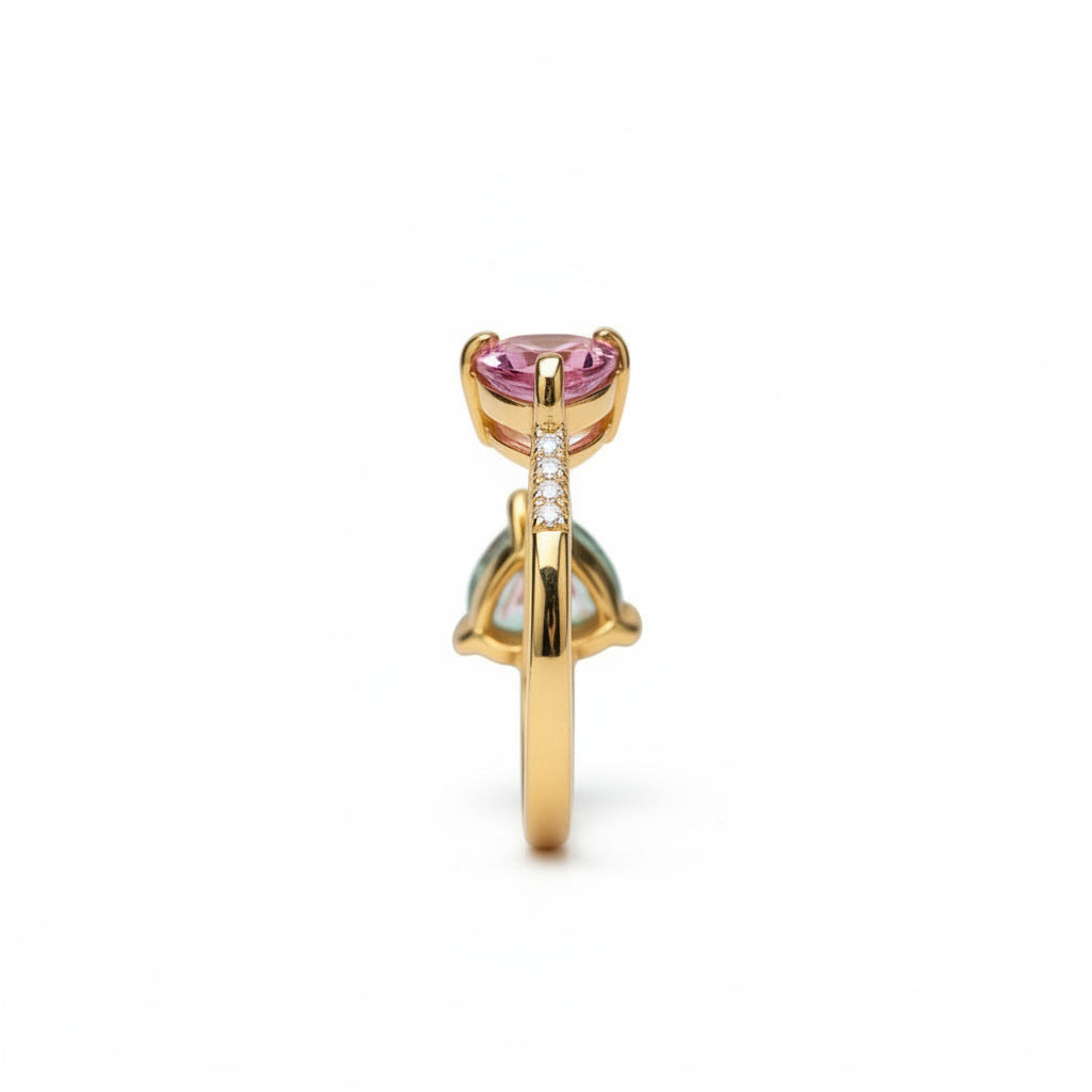 Natural Pink and Green Tourmaline Open Heart Ring with 5mm heart-cut gemstones and cubic zirconia accents in 925 sterling silver with platinum plated finish by PHIMSERA