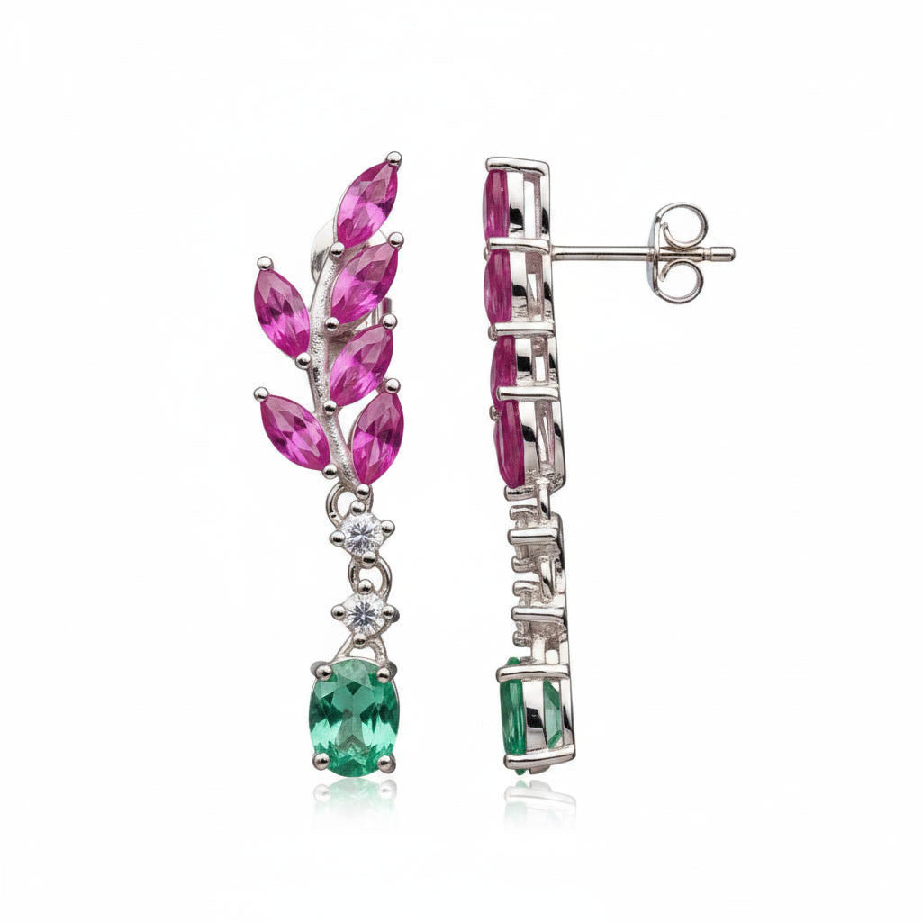 Colombian Emerald and Burma Ruby Leaf Earrings, Emerald and Ruby Stud Earrings
