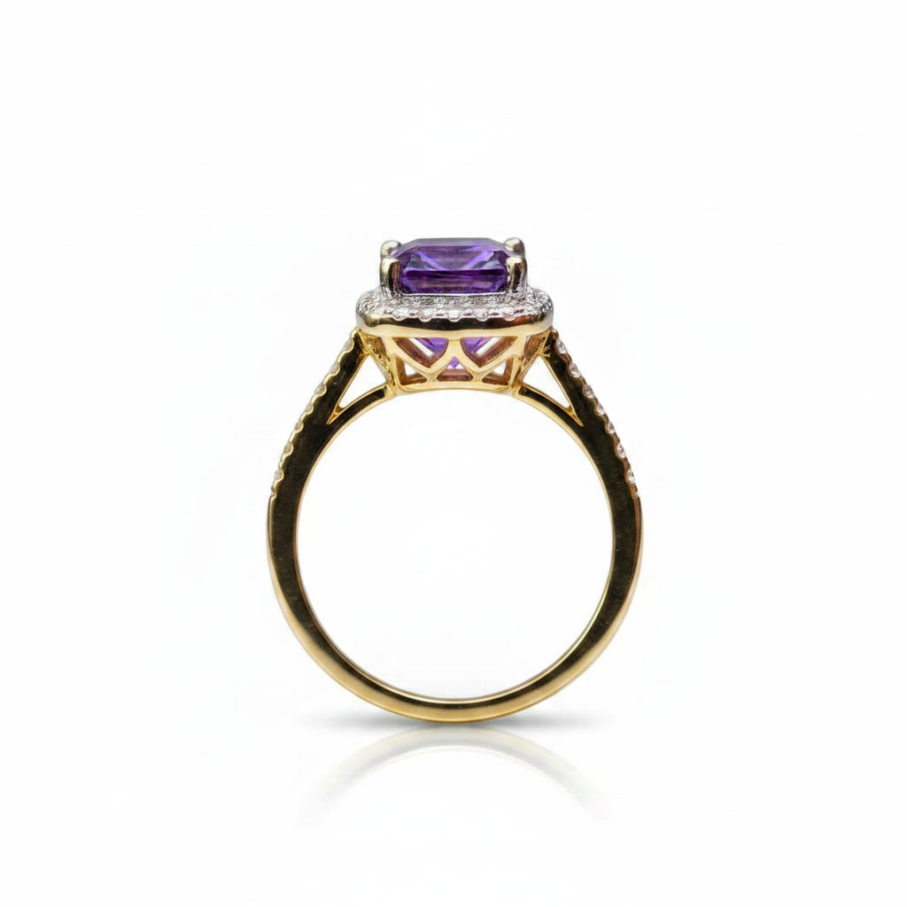 Purple Asscher cut moissanite halo ring featuring a 6×6mm lab-created center stone surrounded by sparkling cubic zirconia in sterling silver.
