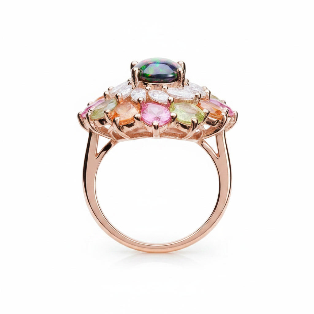 Natural Black Australian Fire Opal Ring with Multicolor Sapphires in 925 Sterling Silver