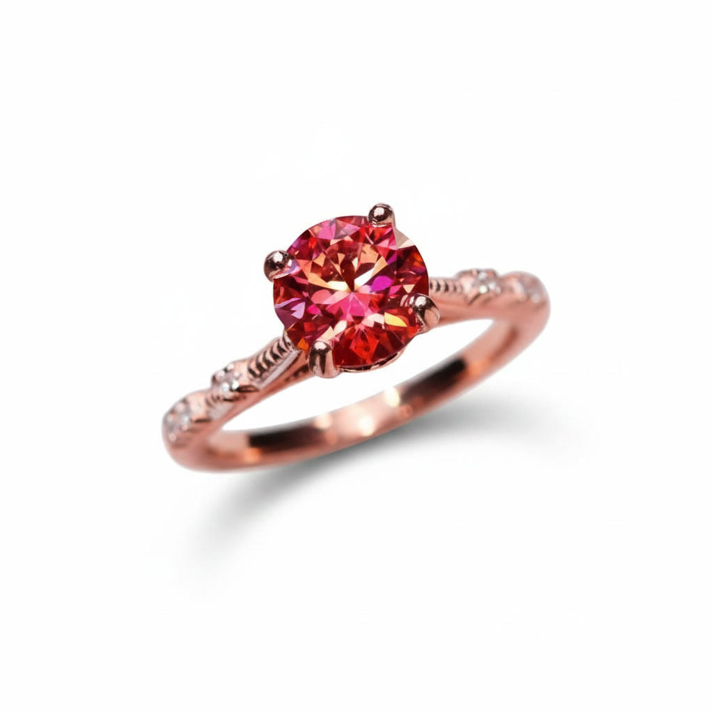 1 carat 6.5mm round Watermelon Red moissanite crown setting ring with cubic zirconia accents in rose gold plated sterling silver on a white background