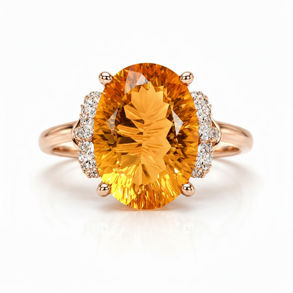 Close-up of 6 carat oval natural citrine gemstone and cubic zirconia accents