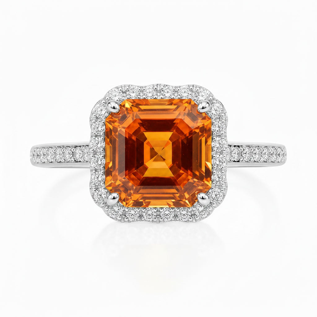 Close-up of 10mm Asscher cut natural citrine showing geometric step facets and CZ halo