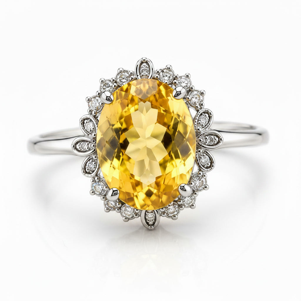 Natural Citrine Ring – 6 Carat 10x14mm Oval Citrine Halo Ring in 925 Sterling Silver
