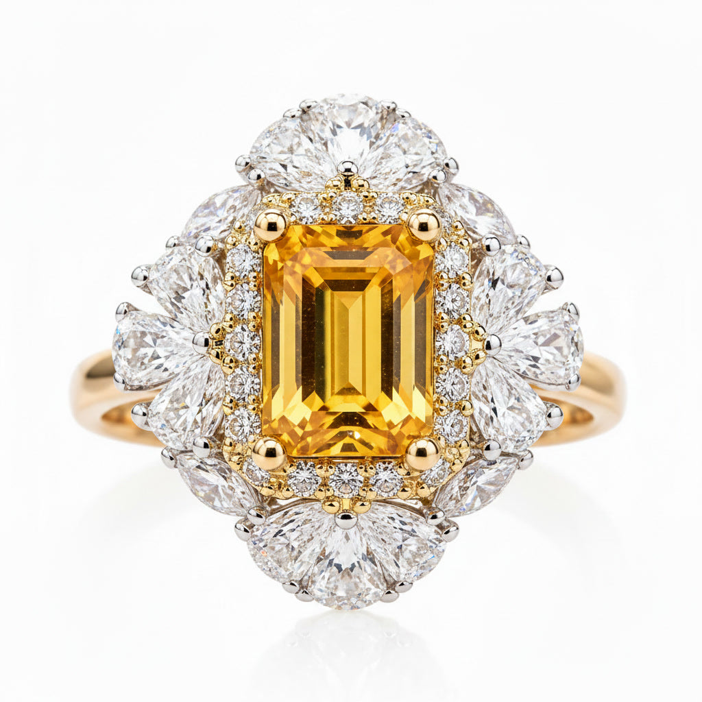 Macro view of 5x7mm emerald cut natural citrine with round and pear cut CZ floral halo