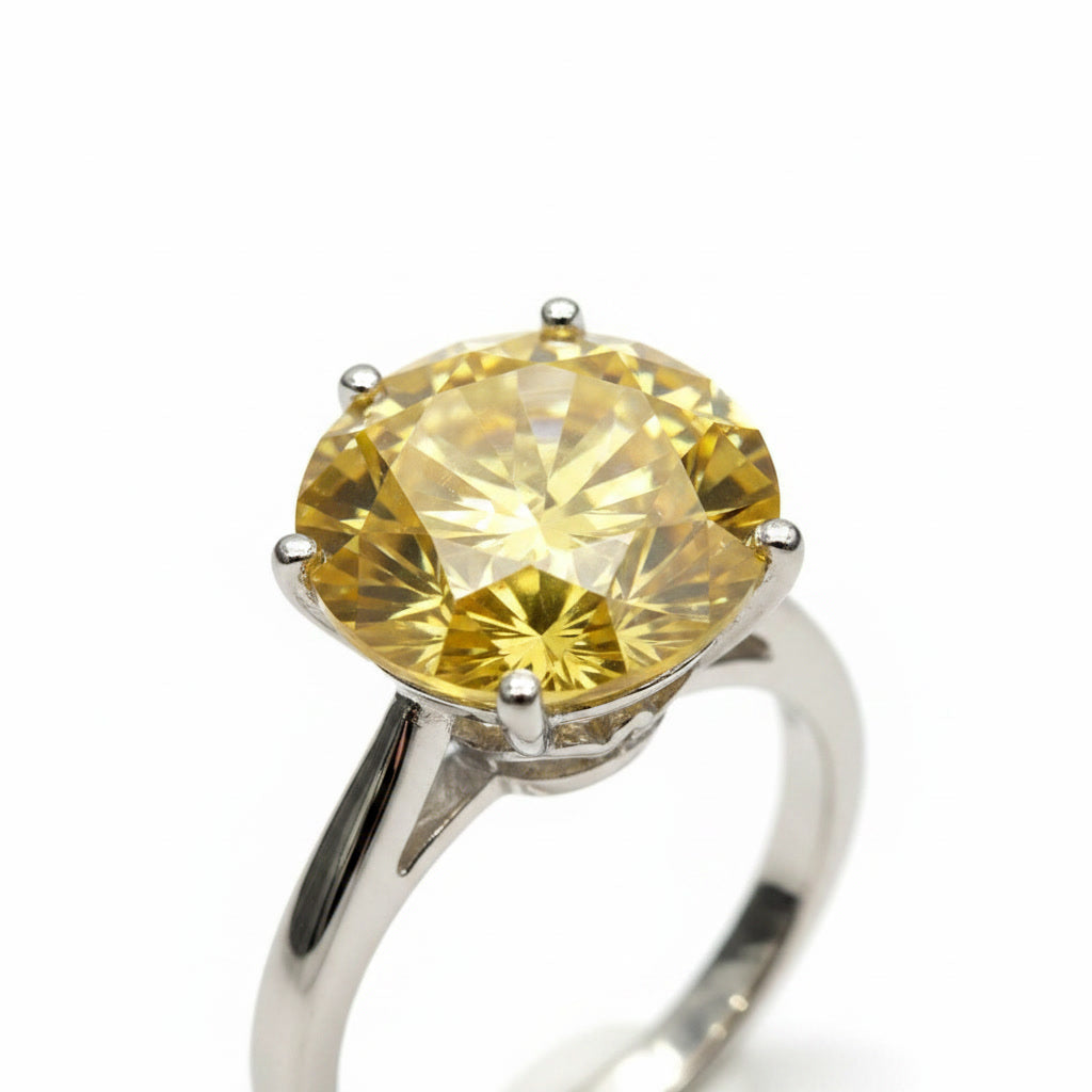 5 Carat Round Cut Yellow Moissanite Ring, 925 Sterling Silver Moissanite Ring