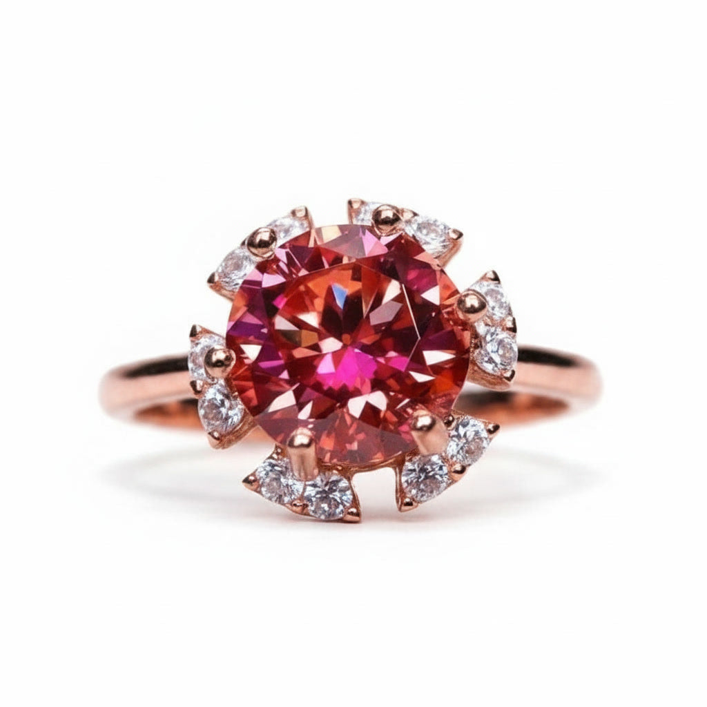 2 carat watermelon red round moissanite flower ring with cubic zirconia halo in rose gold plated 925 sterling silver on a white background