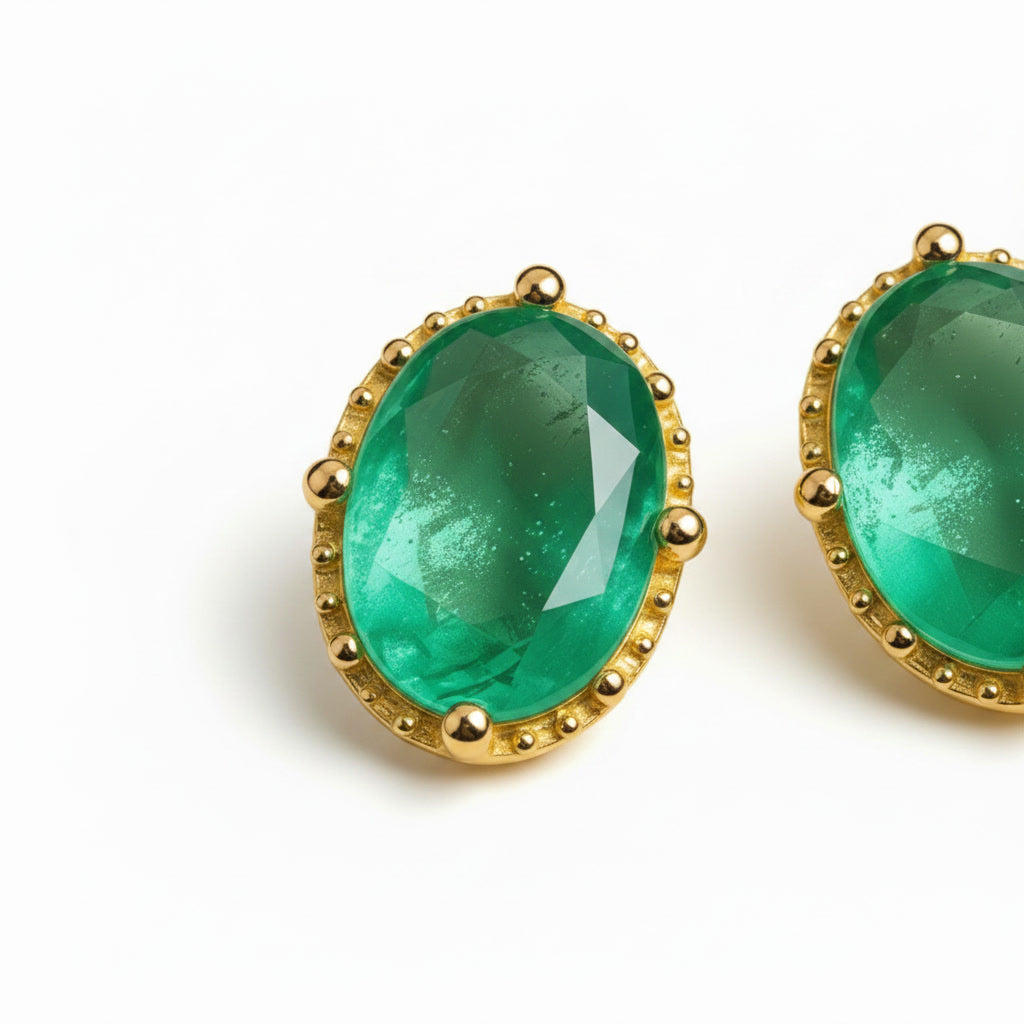Bright Green Emerald Stud Earrings 5x7mm, Natural Colombian Emerald