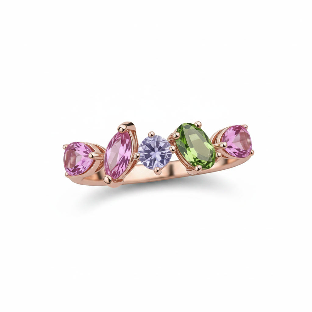 Natural Multi Tourmaline Ring with pink green and purple mixed cut gemstones in 925 sterling silver with platinum plated finish by PHIMSERA