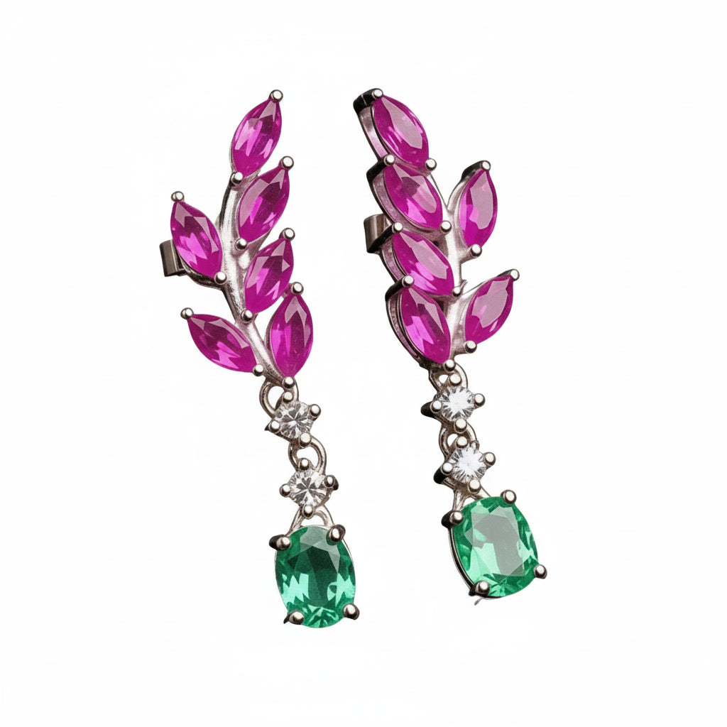 Colombian Emerald and Burma Ruby Leaf Earrings, Emerald and Ruby Stud Earrings