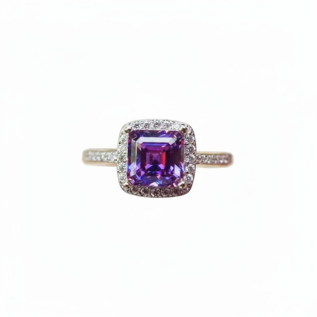Purple Asscher cut moissanite halo ring featuring a 6×6mm lab-created center stone surrounded by sparkling cubic zirconia in sterling silver.