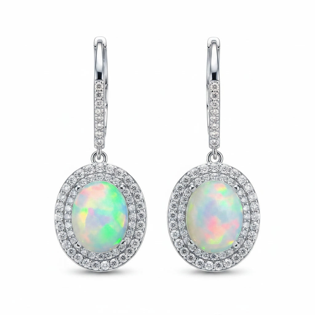 Large Fire Opal Dangle Earrings 8x10mm 925 Sterling Silver