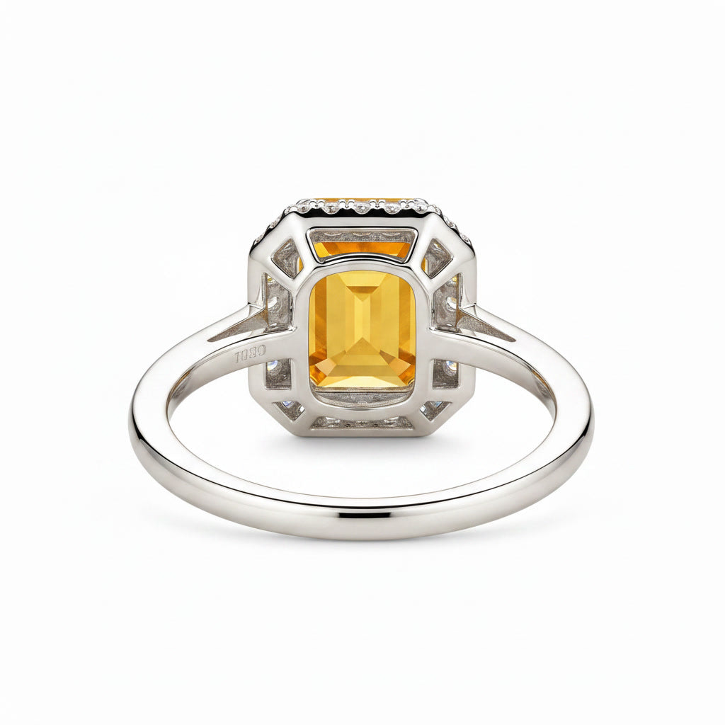Detailed alternate view of natural citrine geometric halo ring