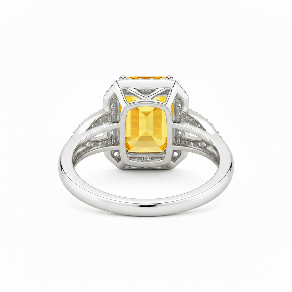 Detailed alternate view of natural citrine halo ring with CZ split-shank shoulders