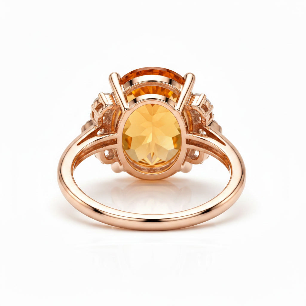 Detailed alternate view of natural citrine statement ring with rose gold plated finish