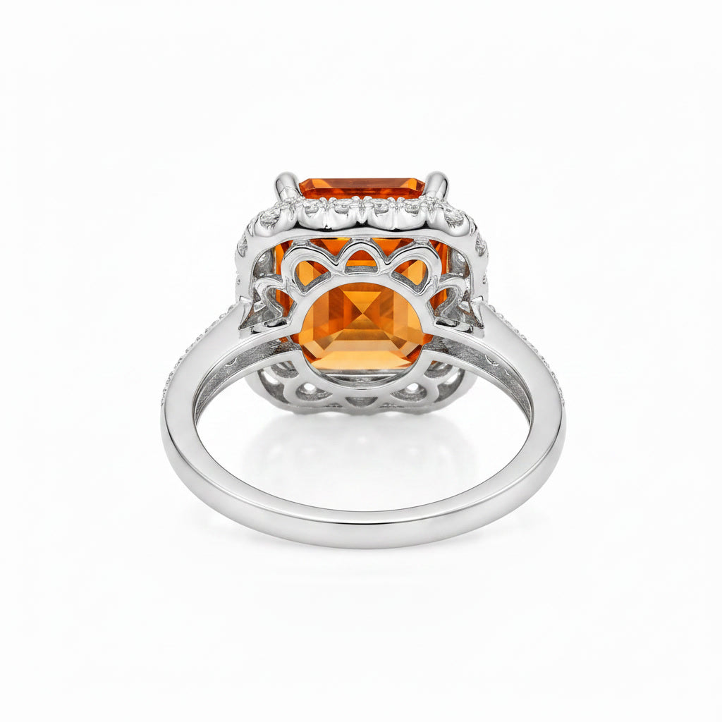 Detailed alternate view of natural citrine statement ring with halo and CZ-accented band
