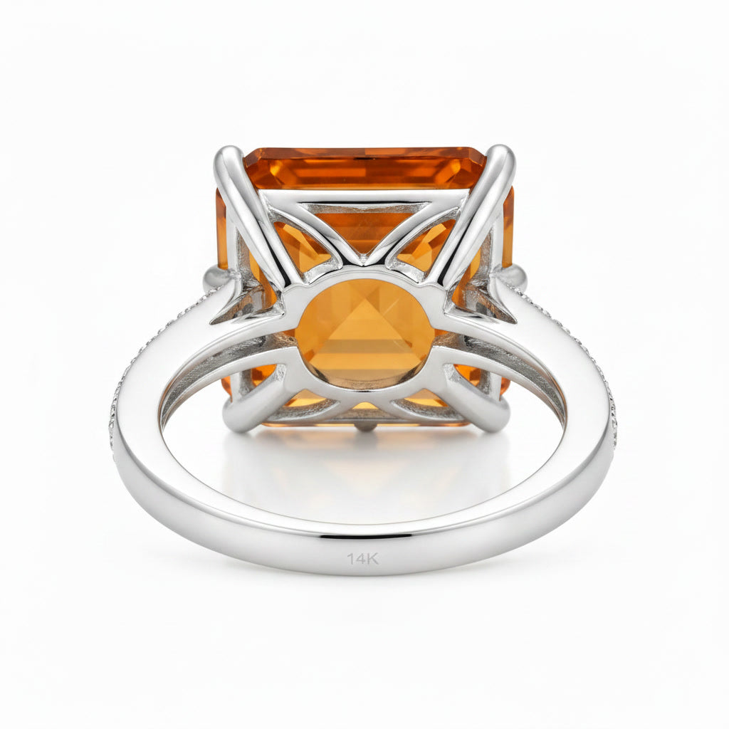 Natural Citrine Ring – 12mm Asscher Cut Citrine Statement Ring in 925 Sterling Silver