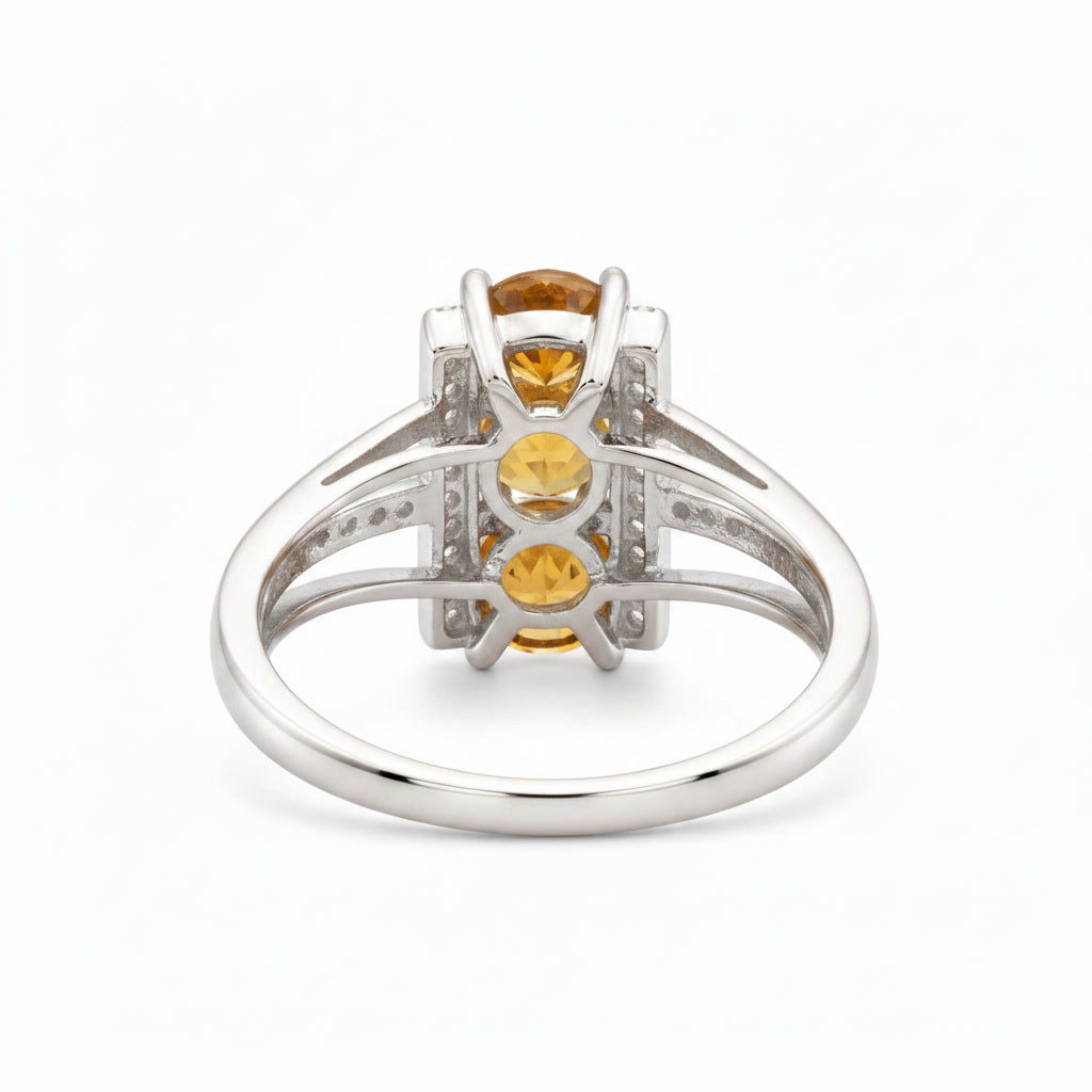 Detailed alternate view of natural citrine three stone statement ring