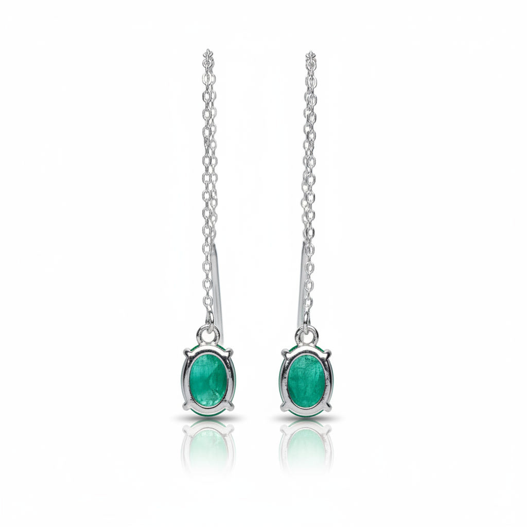 Natural Emerald Chain Dangle Earrings 4x6mm Platinum or Gold Plated, Emerald