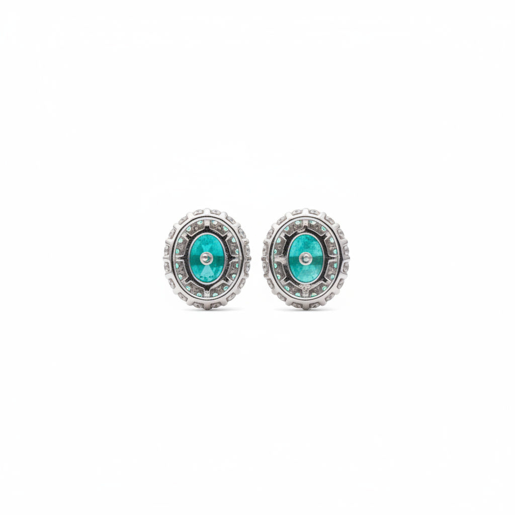 Emerald Cluster Stud Earrings 5x7mm Platinum Plated Silver
