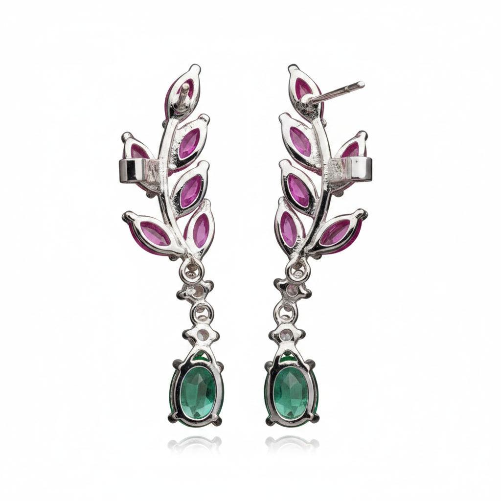 Colombian Emerald and Burma Ruby Leaf Earrings, Emerald and Ruby Stud Earrings