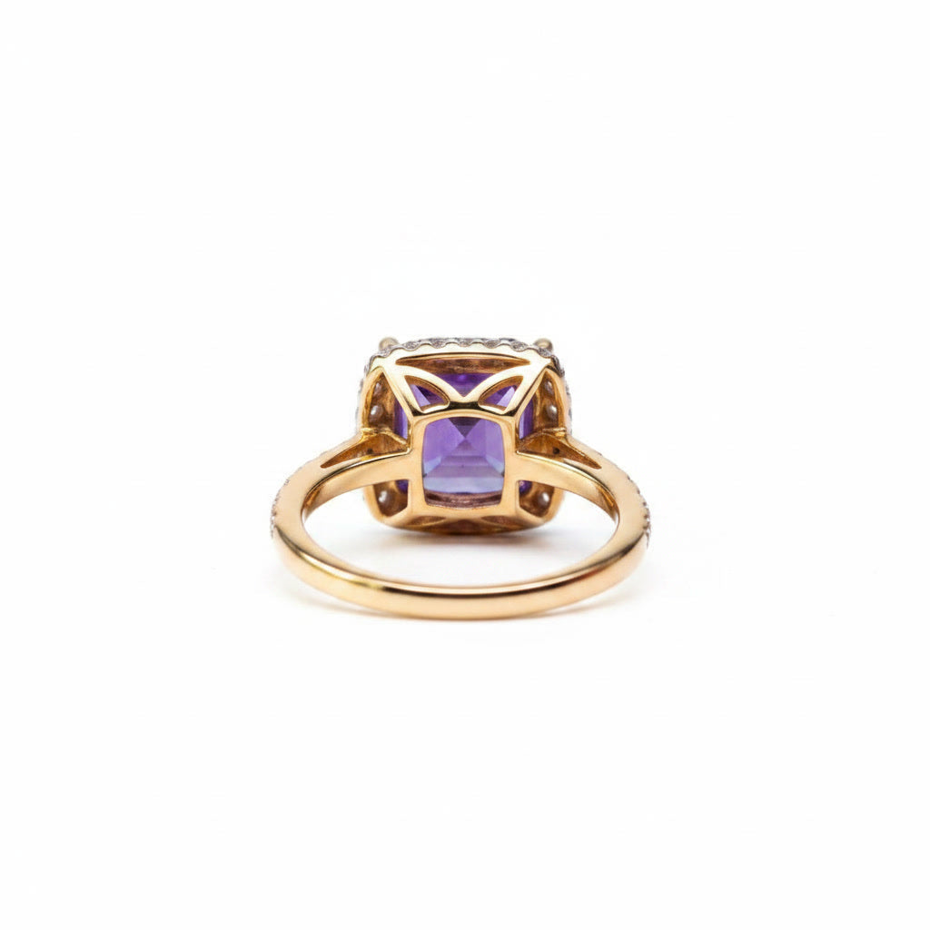 Purple Asscher cut moissanite halo ring featuring a 6×6mm lab-created center stone surrounded by sparkling cubic zirconia in sterling silver.