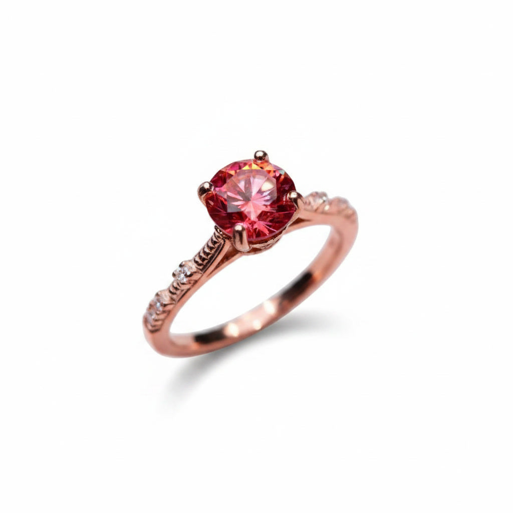 1 carat 6.5mm round Watermelon Red moissanite crown setting ring with cubic zirconia accents in rose gold plated sterling silver on a white background