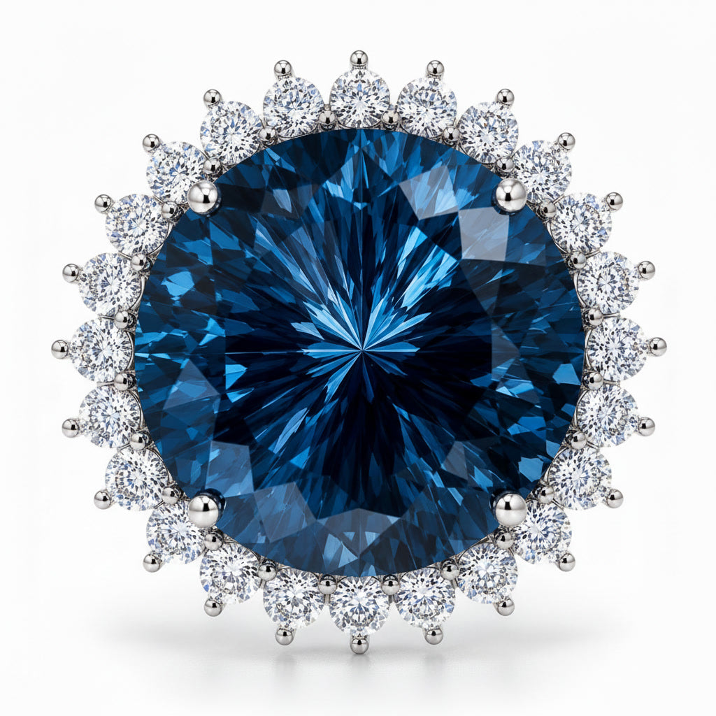 12ct Firework Cut London Blue Topaz halo statement ring featuring a 15mm round genuine London Blue Topaz, sparkling clear cubic zirconia halo, polished 925 sterling silver setting, and custom platinum, gold, or rose gold finish