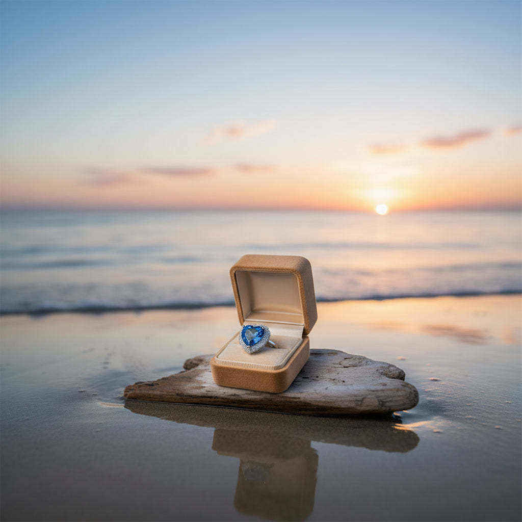 Natural London Blue Topaz heart ring featuring a 5.8 CT 10mm heart-cut gemstone surrounded by a sparkling cubic zirconia halo in sterling silver.