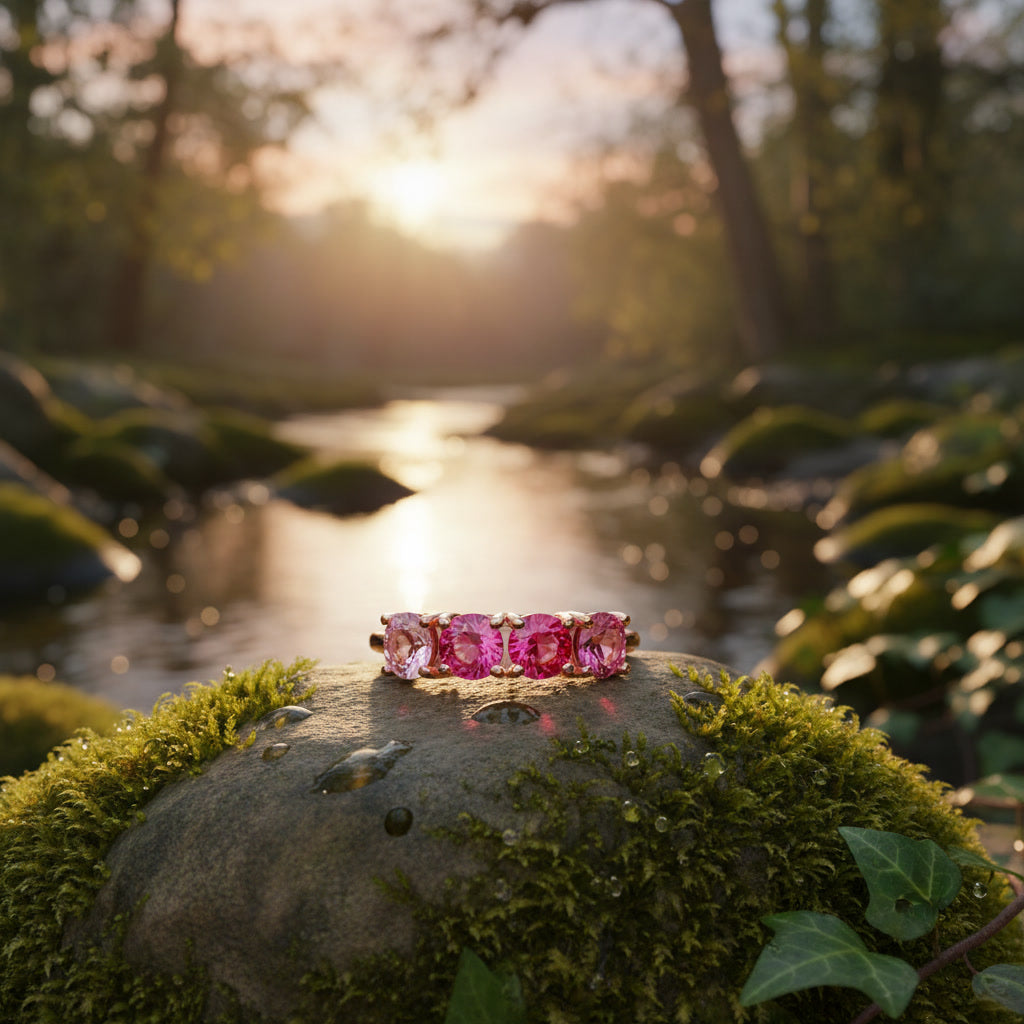 Pink Tourmaline Band Ring, Gradient Pink Tourmaline Ring 925 Sterling Silver